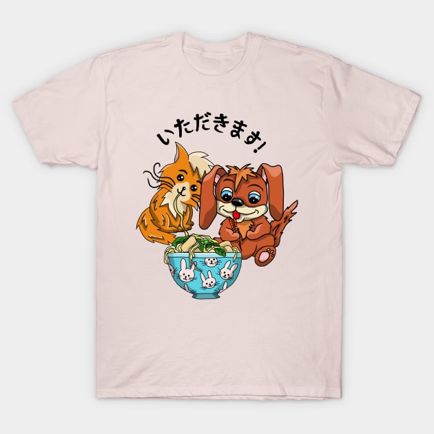 Cute cat and dog eating ramen noodles T-Shirt by cuisinecat